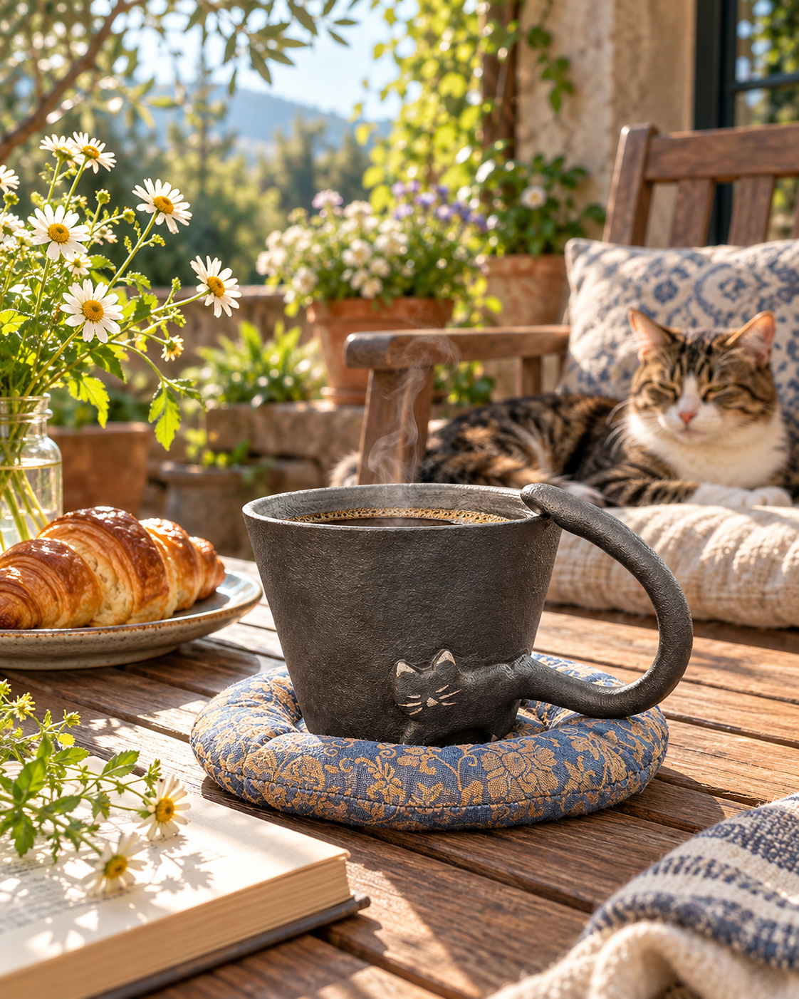 Black cat ceramic mug with coffee on a patterned coaster in a sunny outdoor garden setting with a resting cat.