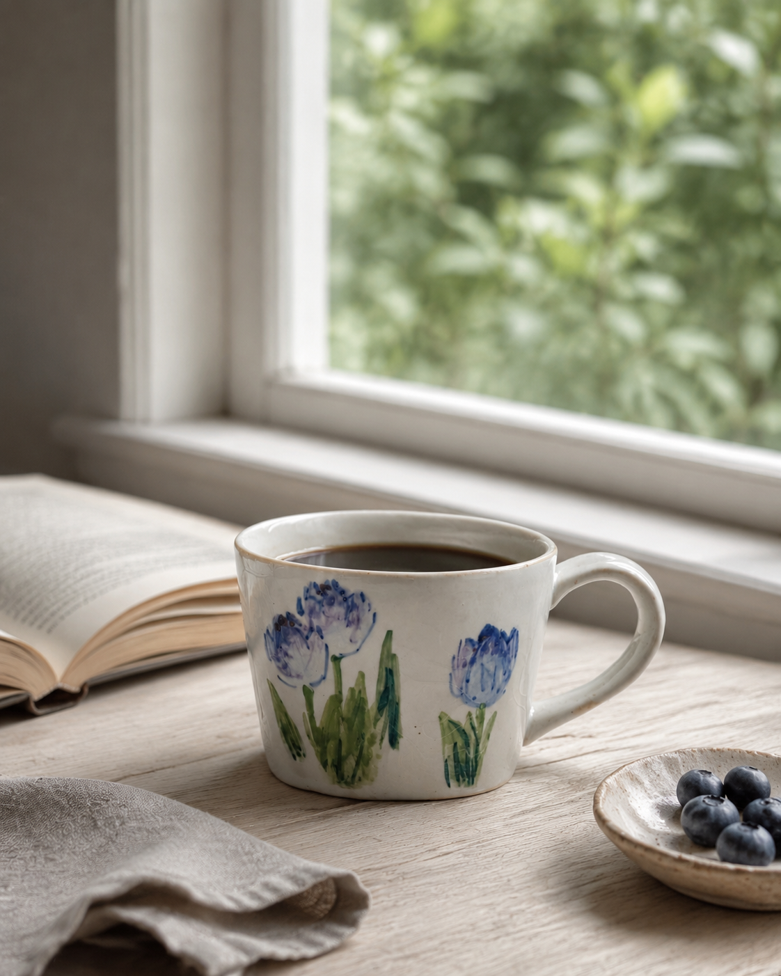 Blue Tulip hand-painted mug by a quiet window with coffee – The Quiet Clay