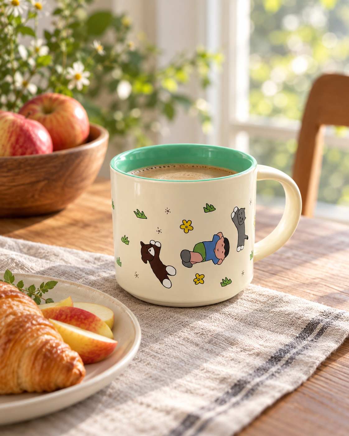Mint Green Orchard Companions mug filled with coffee on a breakfast table beside apples and a croissant.