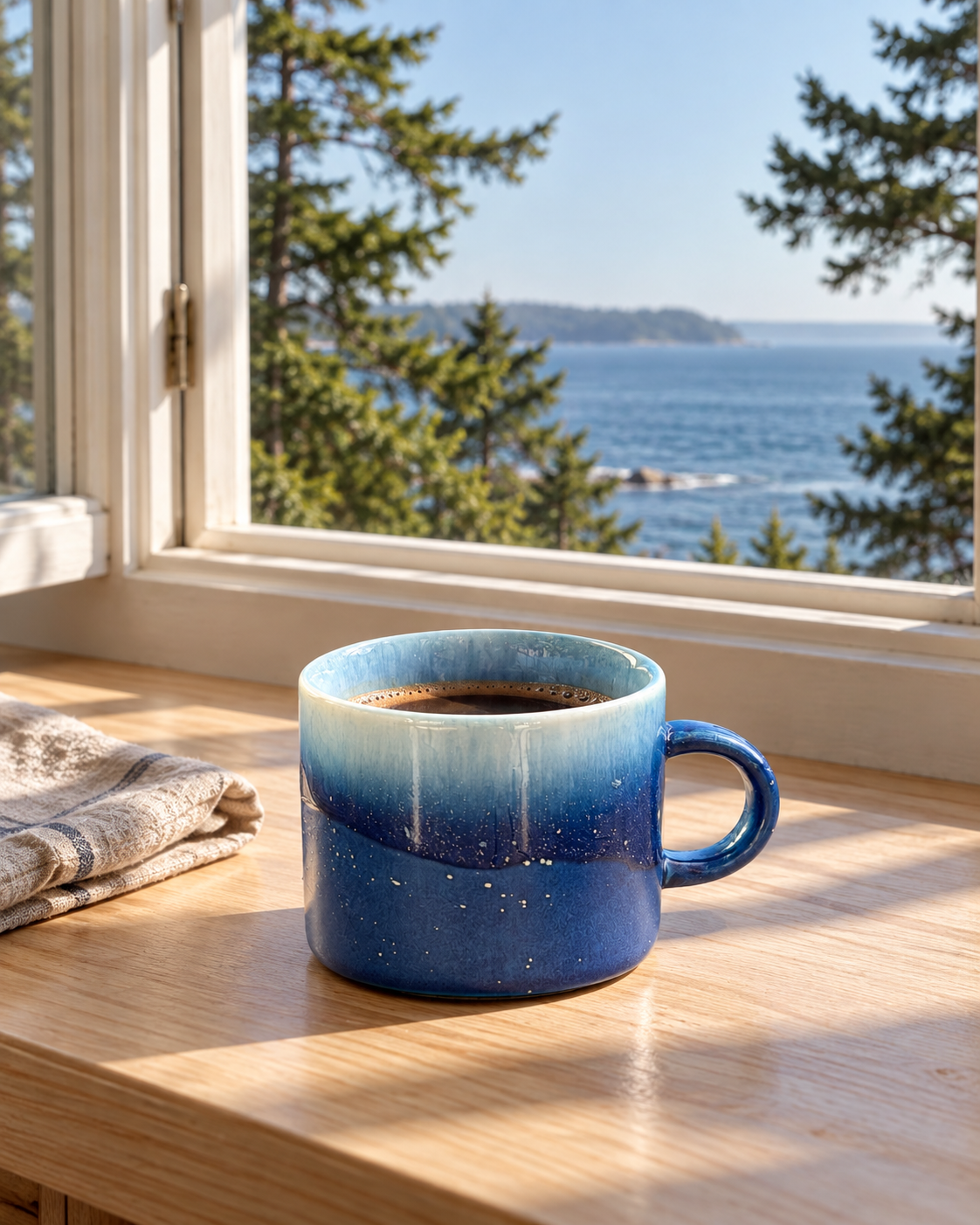 Blue kiln-glazed ceramic mug filled with coffee on a sunlit wooden table beside a window overlooking the sea.