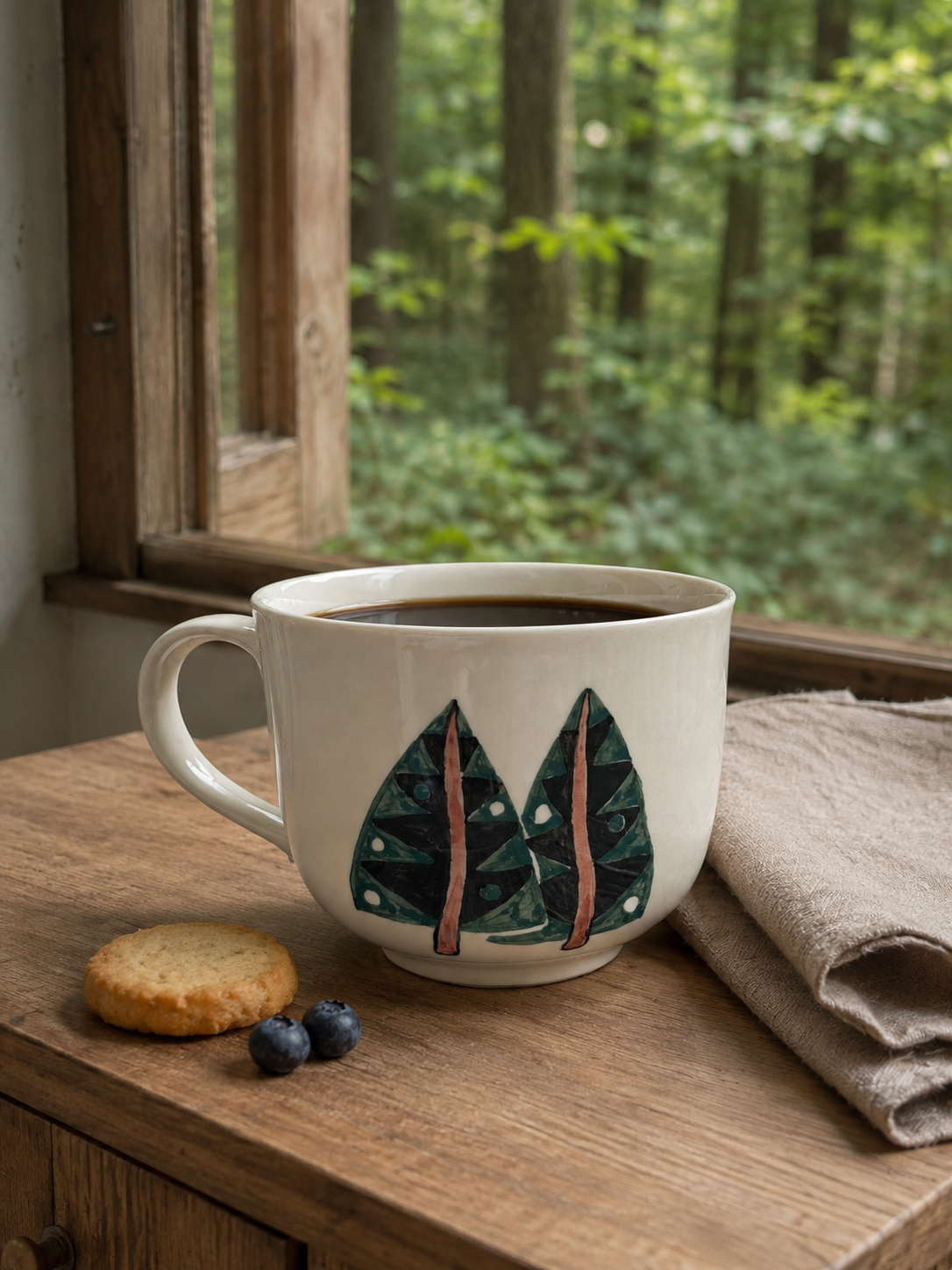 Woodland Deer ceramic mug with coffee in forest cabin setting, ivory handmade mug on wooden table, The Quiet Clay