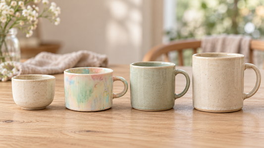 Four ceramic cups arranged from smaller to larger on a wooden table, including a pastel reactive glaze mug