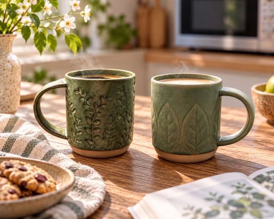 Two green stoneware coffee mugs in a sunlit kitchen with a microwave in the background