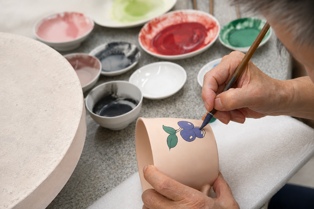 Artist hand painting a ceramic mug with a botanical design in the studio.