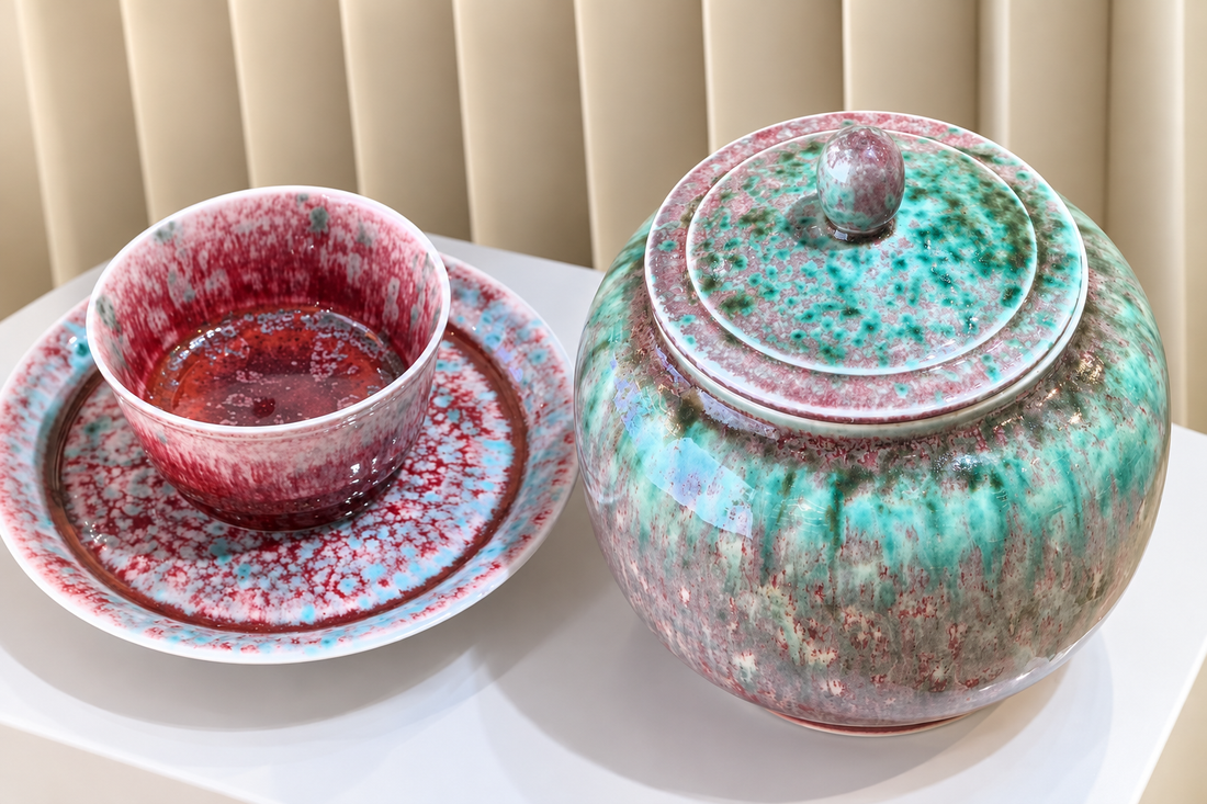Reactive glaze ceramic cup and lidded vessel with natural turquoise, rose and earthy kiln-fired variations