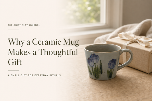 Blue tulip ceramic mug presented as a thoughtful gift beside a wrapped gift box