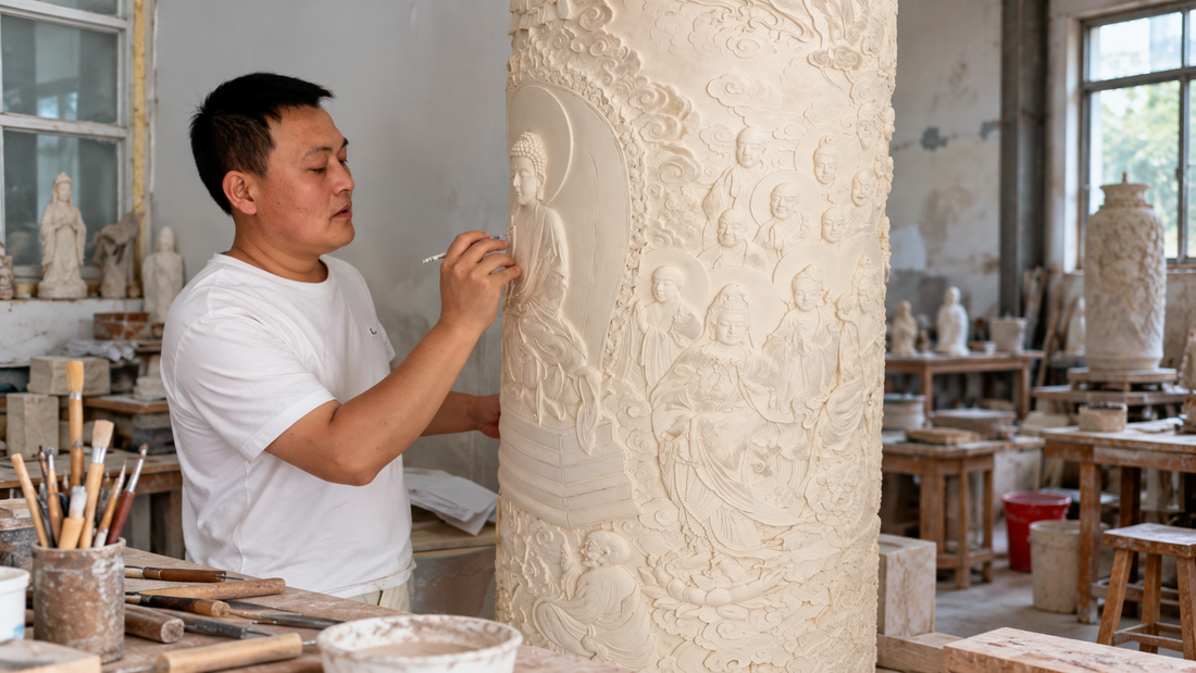 Jingdezhen ceramic carving artist Yan Wenlu working on an intricate hand-carved porcelain sculpture in his studio