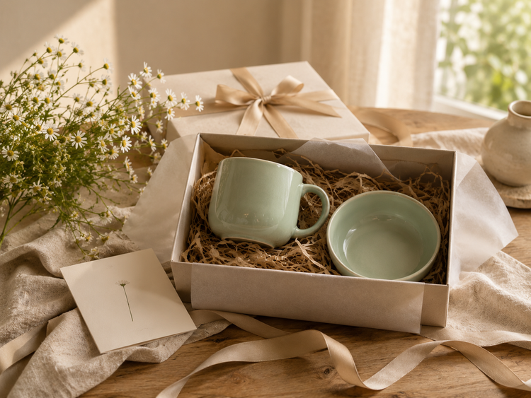 Stoneware mug and bowl gift set styled for thoughtful gifting and everyday rituals.