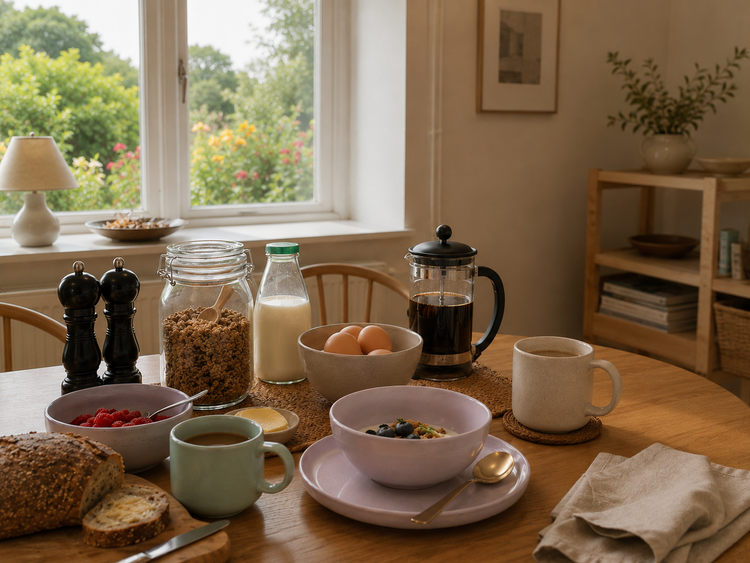 Stoneware mugs, bowls and tableware arranged for a quiet breakfast ritual.