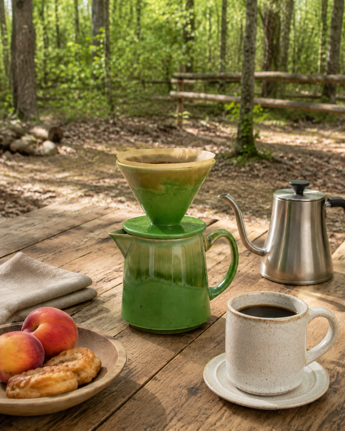 Green speckled ceramic pour-over set with stoneware mug and saucer on rustic table in woodland
