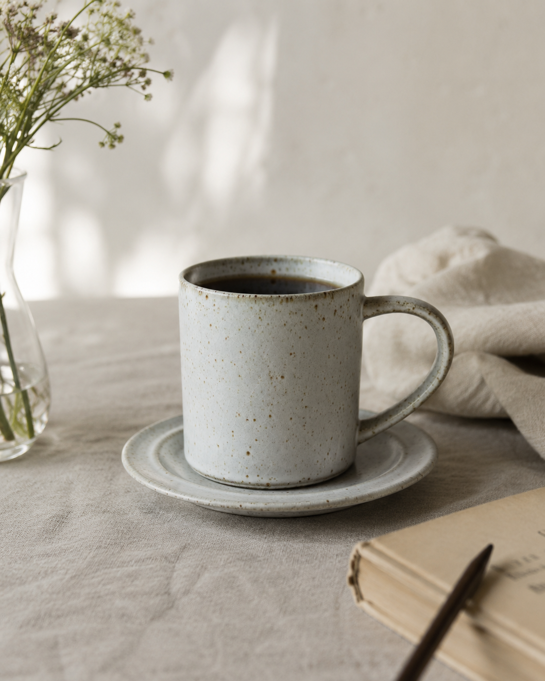 A speckled ceramic coffee mug with a matching saucer, filled with black coffee, set on a linen tablecloth with a glass vase of flowers and a notebook in a softly lit room.