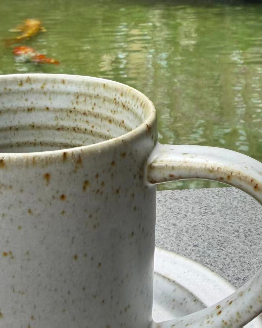 A close-up of a speckled ceramic mug with a matching saucer, set outdoors next to a pond with koi fish in the background.