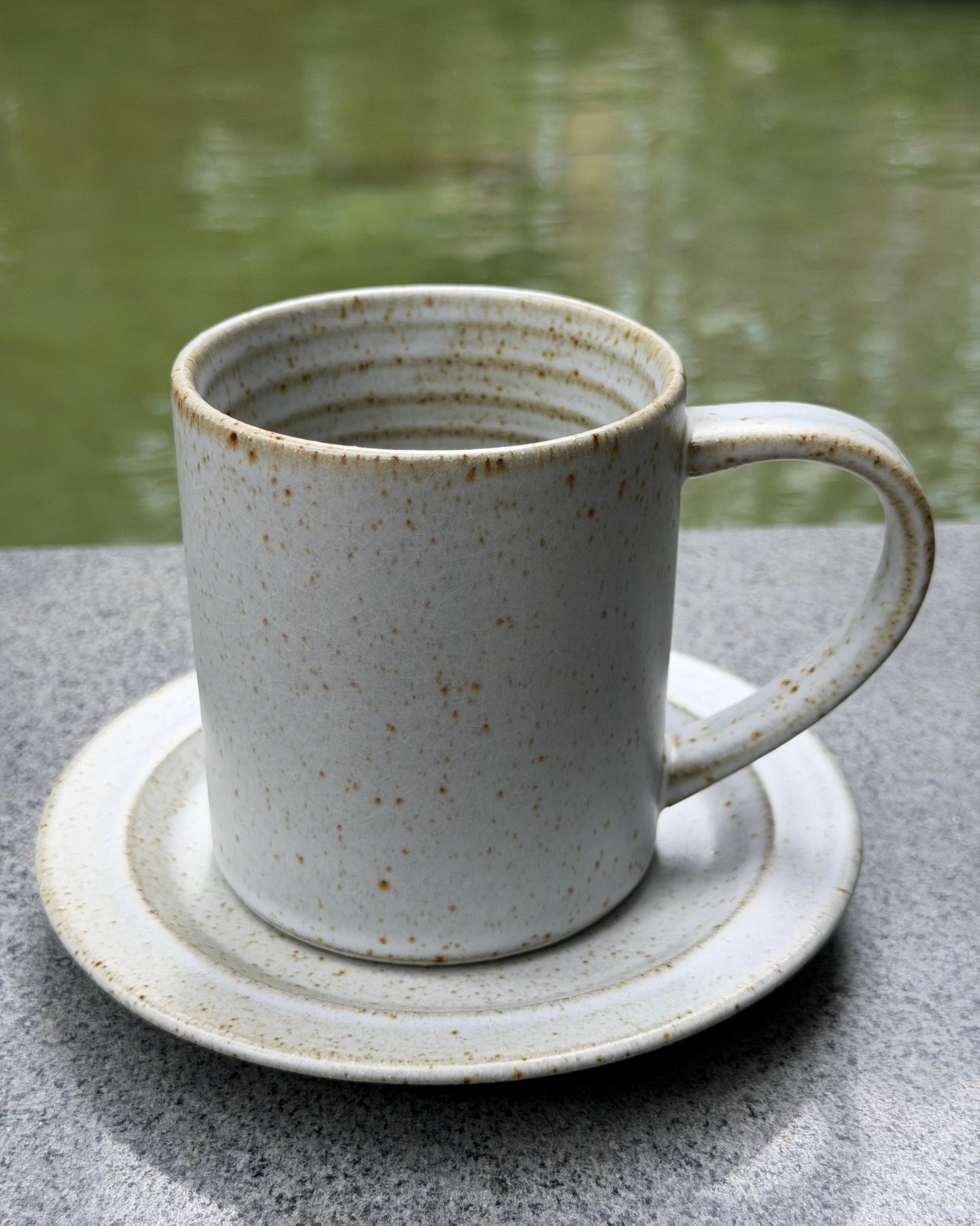 A speckled ceramic coffee mug with a matching saucer, set on a gray stone surface with a blurred green water background.