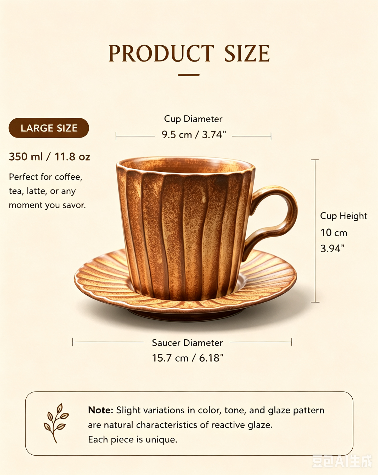 Amber Lines Fluted Stoneware Mug and Saucer – Size Chart: 350ml, Cup Height 10cm, Diameter 9.5cm, Saucer 15.7cm