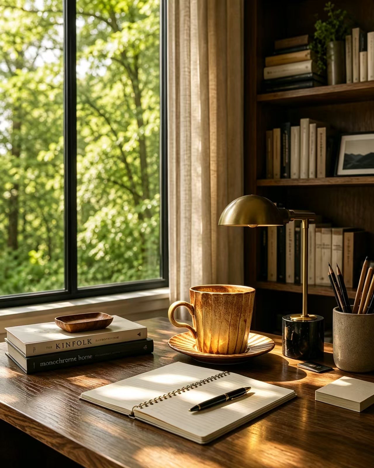 Amber Lines Fluted Stoneware Mug and Saucer on a Reading Room Desk with Kinfolk Books and Brass Lamp