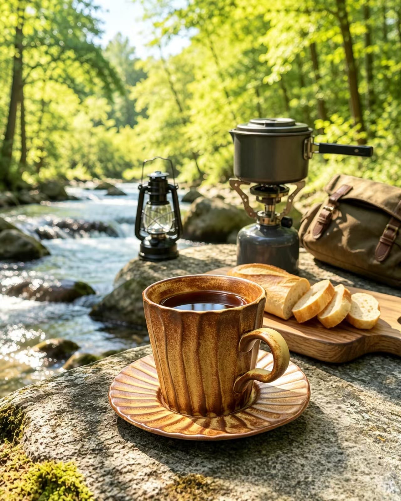 Amber Lines Fluted Stoneware Mug and Saucer with Coffee by a Forest Stream, Camping Setup