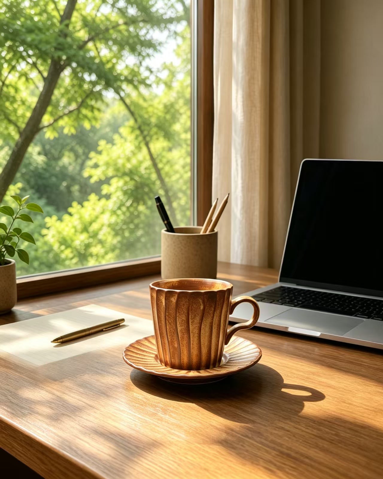 A warm, sunlit ceramic coffee cup with a matching saucer sits on a wooden desk next to a laptop, with a window showing lush green trees outside.