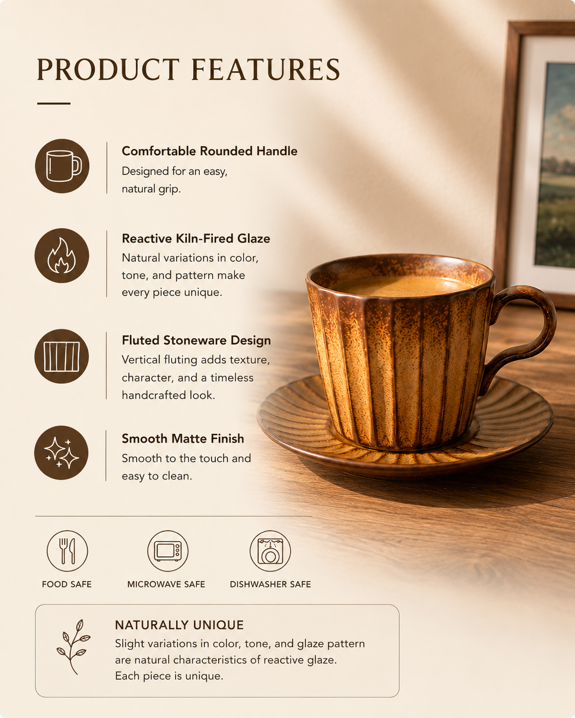 A product features infographic for a reactive kiln-fired glazed ceramic coffee mug. The graphic displays a warm brown ceramic mug on a saucer on a wooden table, with text detailing features like a comfortable rounded handle, reactive kiln-fired glaze, fluted stoneware design, and smooth matte finish.