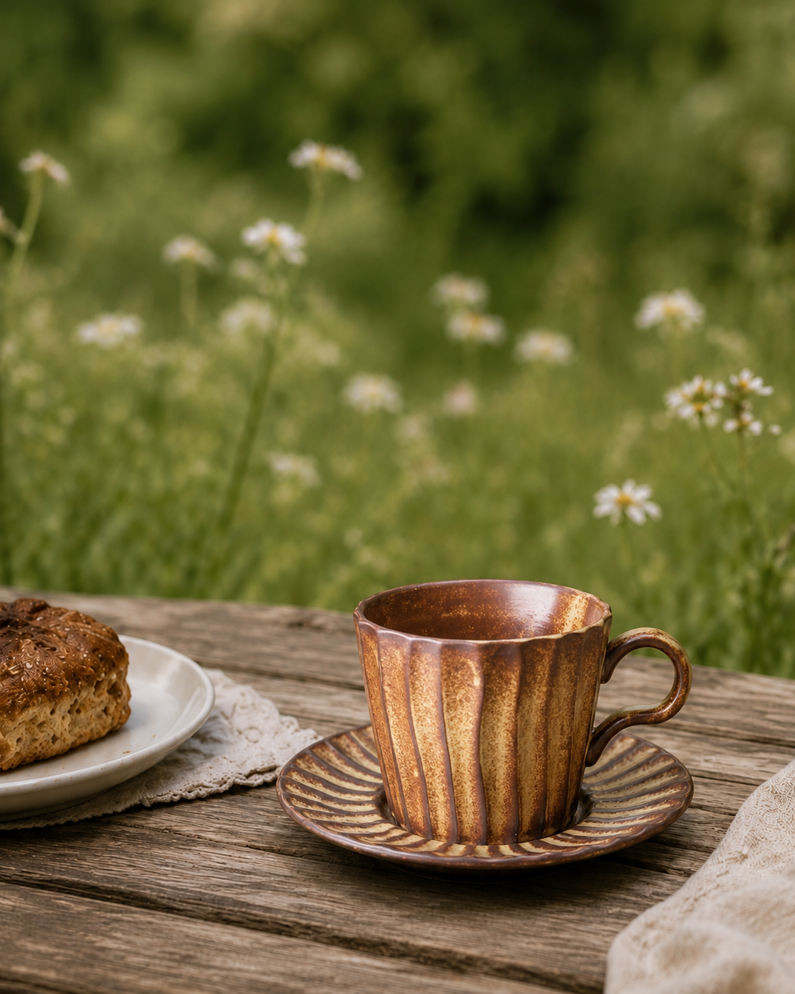 A textured, ribbed ceramic coffee cup in a warm copper-brown glaze sits on a matching saucer on a rustic wooden table, with a blurred green garden background and a pastry on a plate to the side.