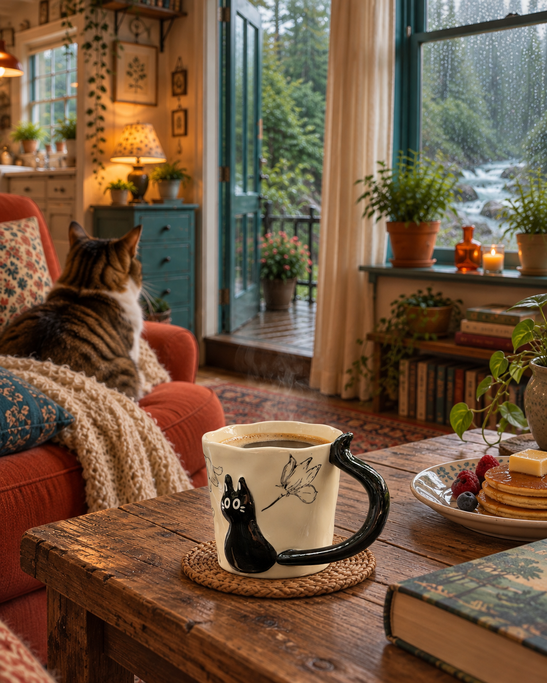 Cream ceramic mug with a raised black cat and curved handle on a wooden coffee table, with a cat on the sofa and a rainy forest view beyond the window.