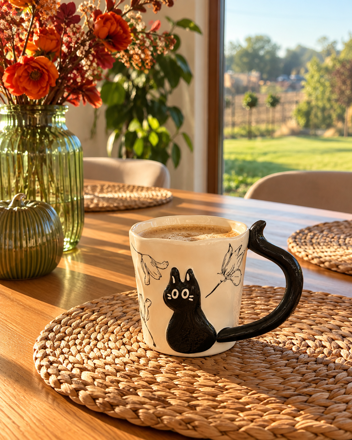Cream ceramic mug with a raised black cat and black tail-shaped handle, filled with coffee on a woven placemat in a sunlit dining room.