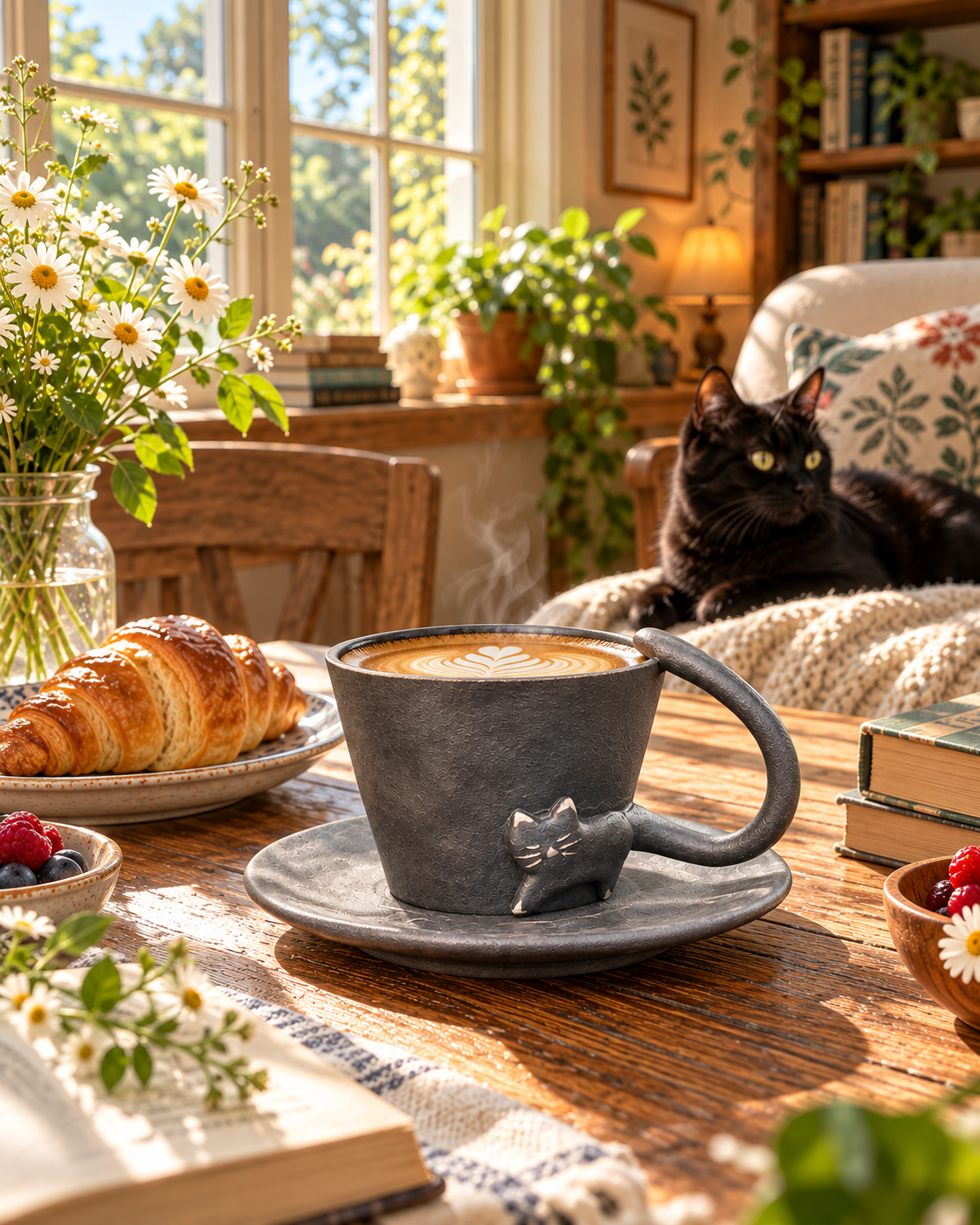 Black cat ceramic mug and matching saucer filled with coffee on a sunlit wooden table in a cozy home setting.