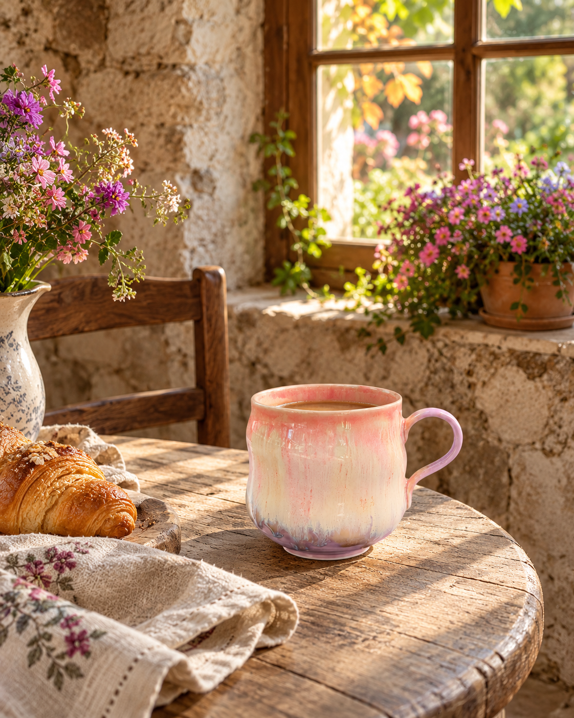 Pink and lavender kiln-glazed mug on a rustic wooden table beside a cottage window, with flowers and a croissant nearby.