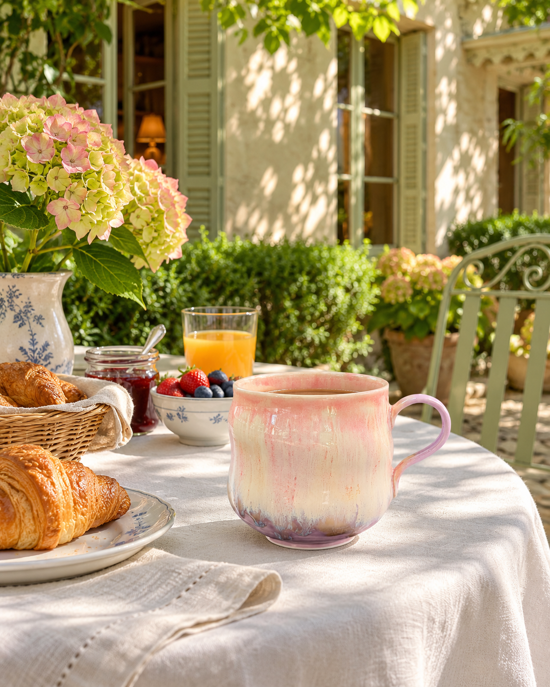 Pink and lavender kiln-glazed mug on a linen-covered breakfast table with croissants and fruit in a sunlit garden courtyard.