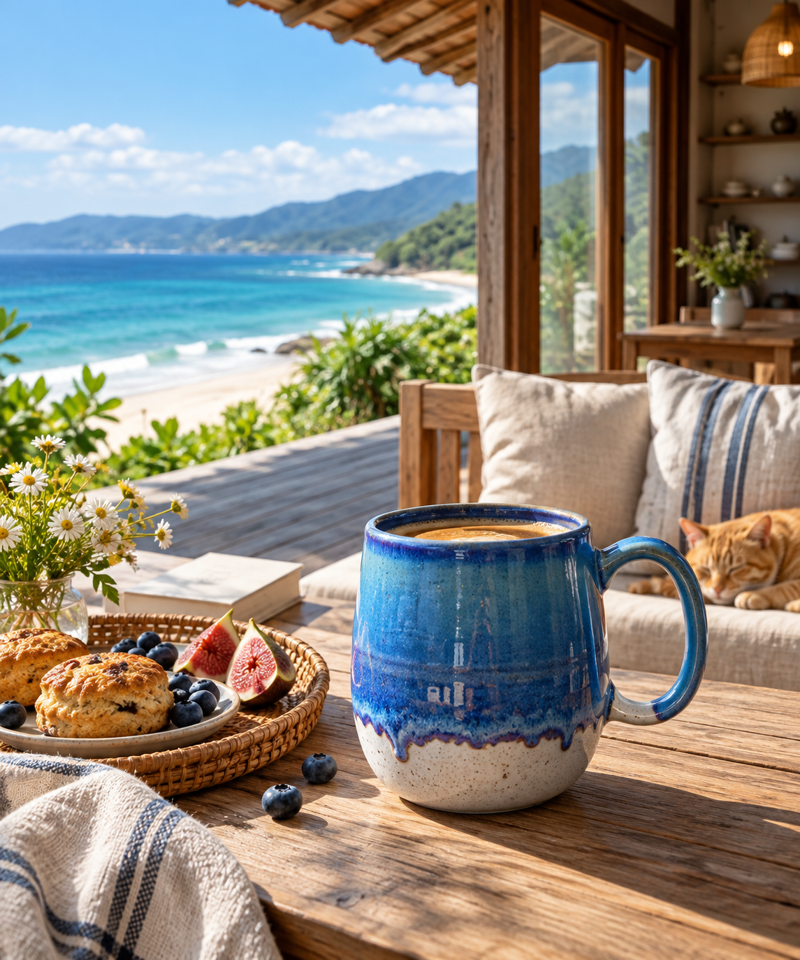 Coastal Tide 27 oz ceramic mug with blue reactive glaze, filled with coffee on a seaside table with pastries and fruit.