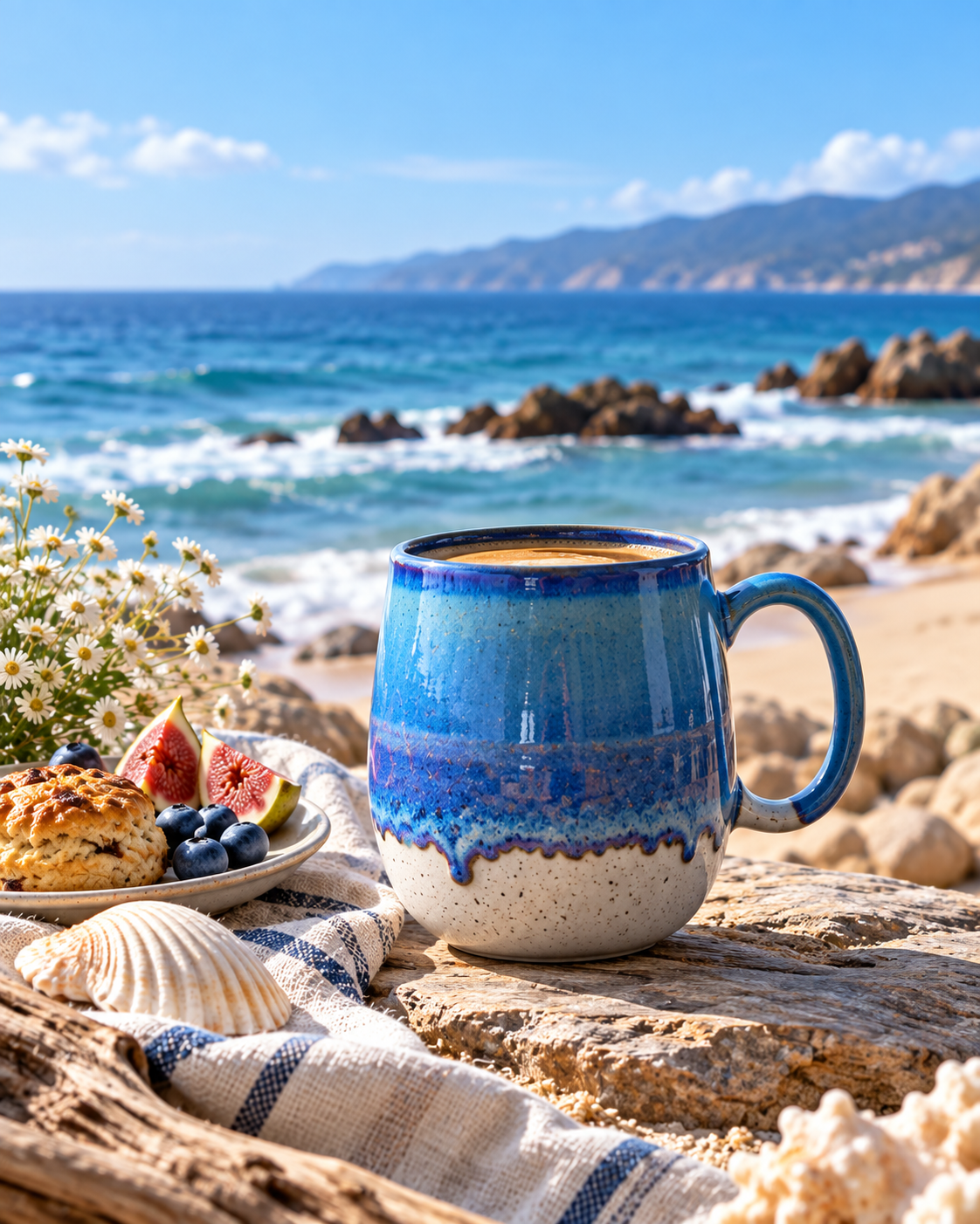 Coastal Tide 800 ml reactive glaze ceramic mug styled by the sea with a sandy beach and ocean in the background