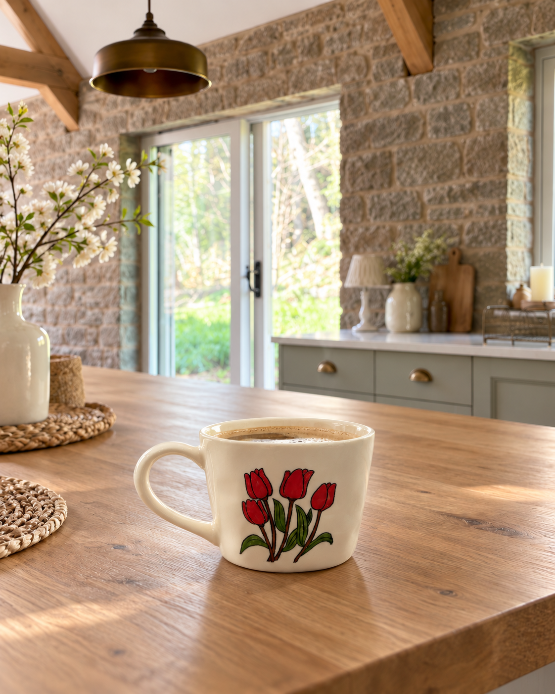 Crimson Tulip Garden hand-painted ceramic mug filled with coffee in a sunlit rustic stone kitchen