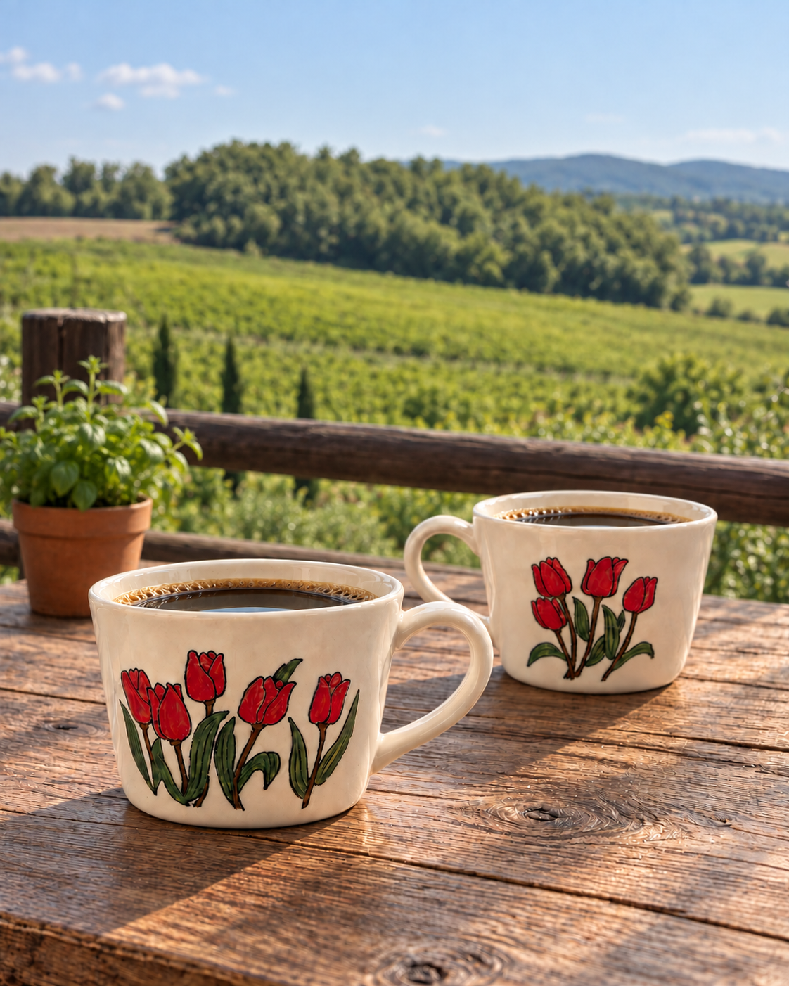 Two crimson tulip hand-painted ceramic mugs with coffee on a countryside terrace