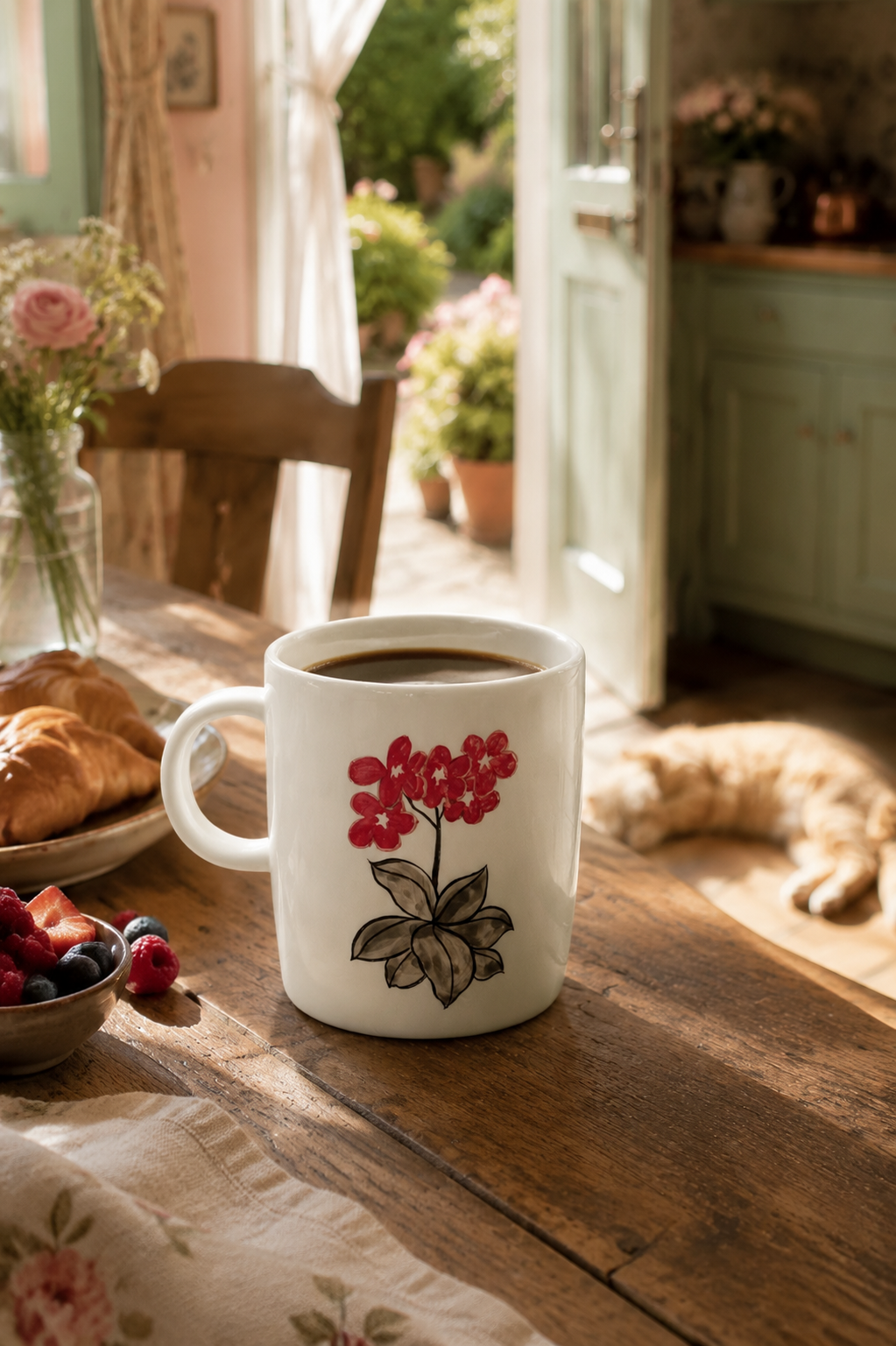 Daydream Girl ceramic mug filled with black coffee on a rustic wooden kitchen table, red floral side facing forward, styled with croissant, fresh berries, and a sleeping ginger cat, sunny cottage kitchen with open garden door in background