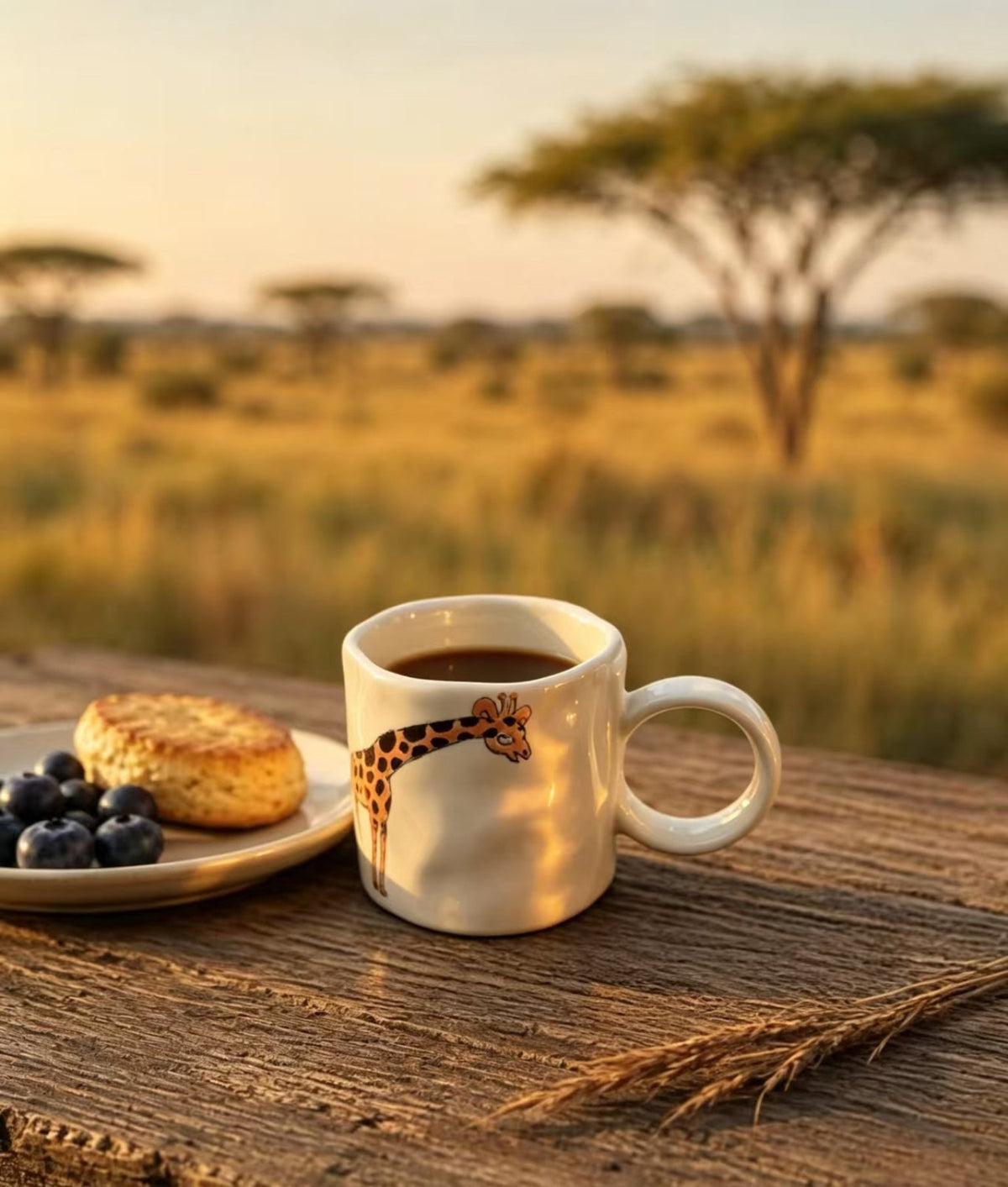 Gentle Giraffe mug with coffee on rustic wooden table at golden hour, savanna landscape in background, The Quiet Clay