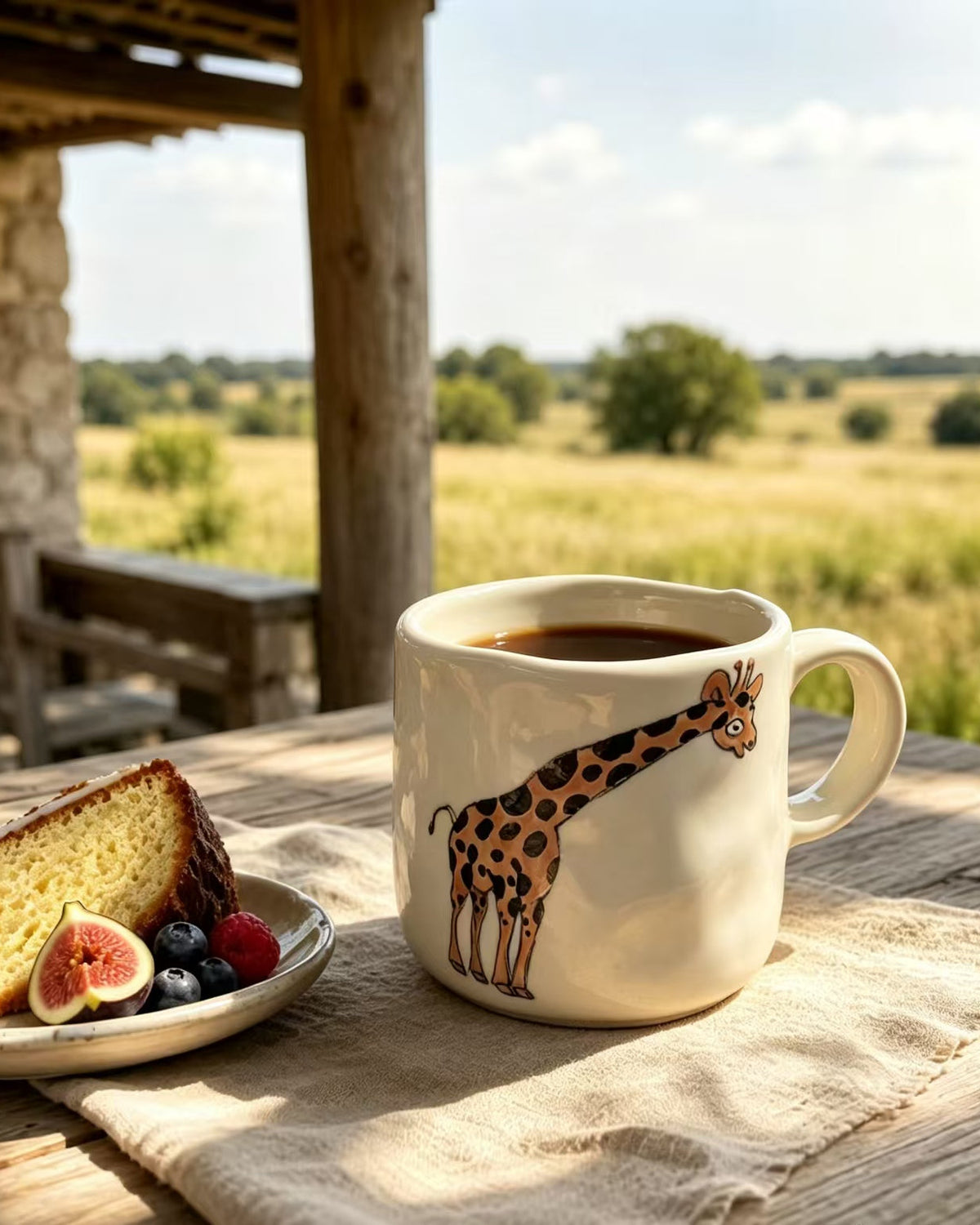 Gentle Giraffe ceramic mug filled with coffee on farmhouse table, countryside view, served with cake and berries, The Quiet Clay