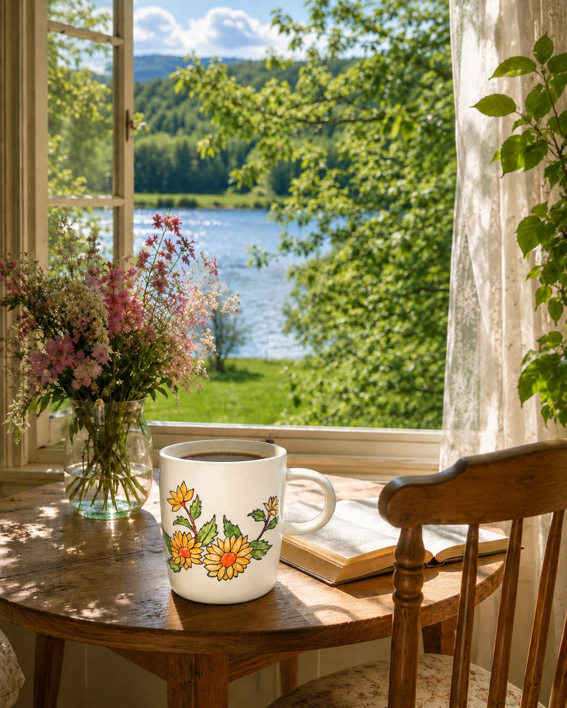 Hand-painted golden chrysanthemum ceramic mug styled on wooden table with lake and garden view, rustic indoor setting