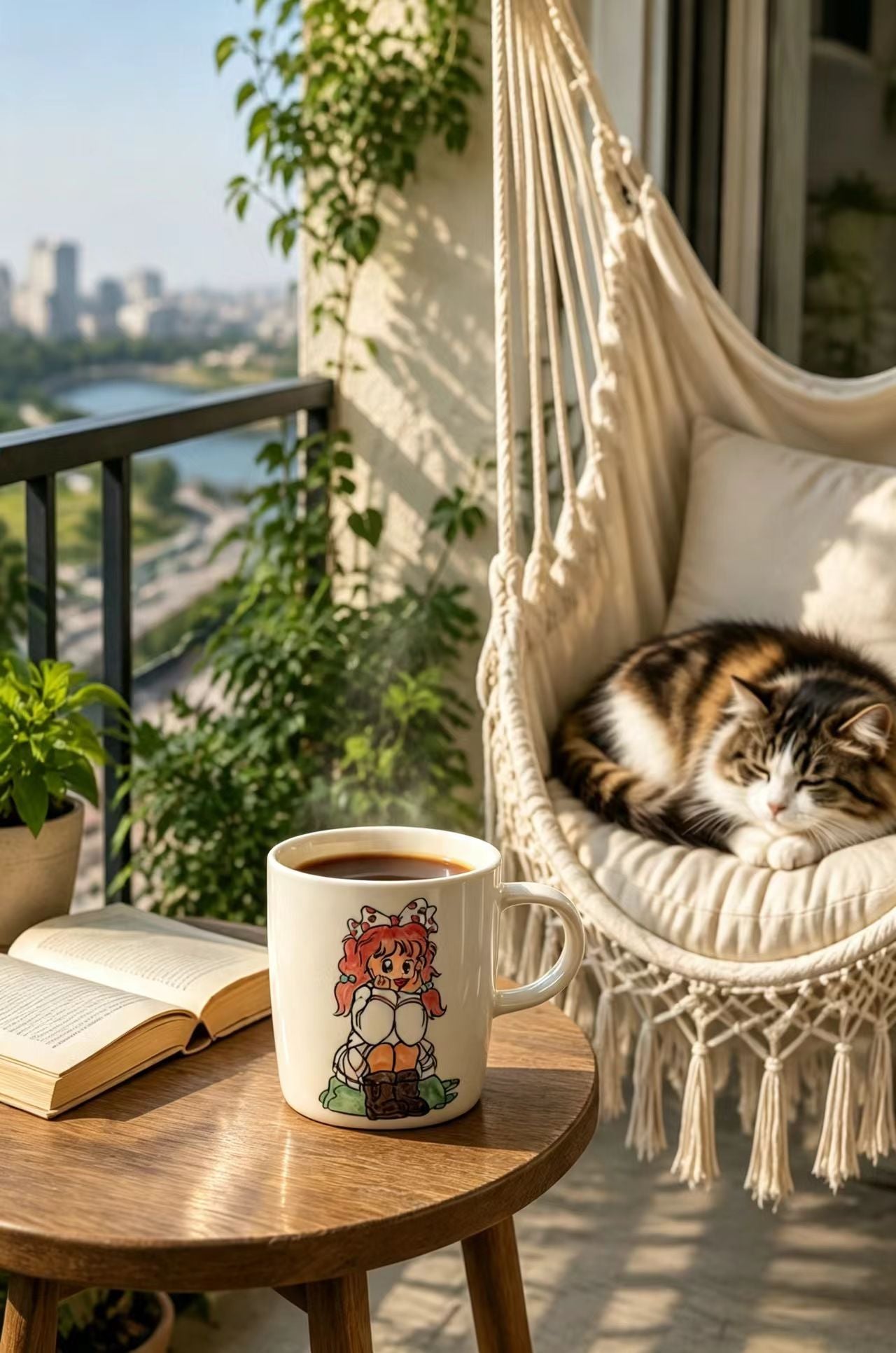 Daydream Girl ceramic mug filled with black coffee on a round wooden side table, girl illustration facing forward, styled with an open book, a sleeping cat in a macramé hammock chair, and lush balcony greenery with city skyline in background
