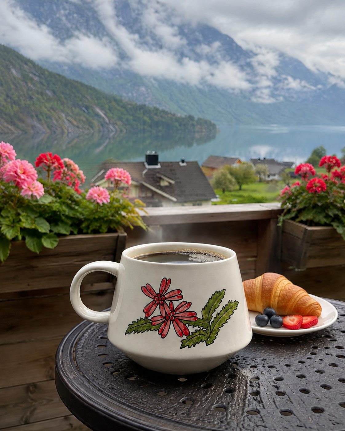 Meadow Cow mug showing floral side, steaming with coffee on a rain-wet balcony table with mountain lake view and breakfast croissant