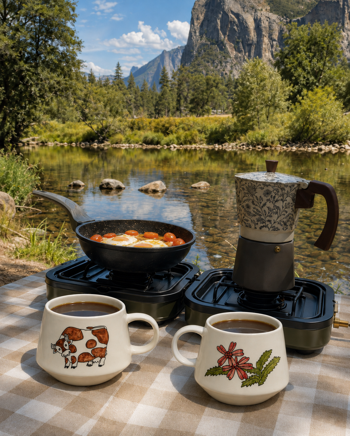 Two Meadow Cow mugs — cow side and floral side — on a checkered tablecloth beside a river with mountains in the background