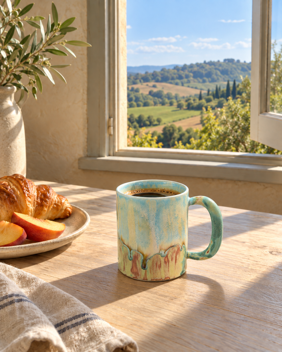 Meadow Drift kiln change mug filled with coffee beside a croissant and sliced peaches, with sunlit countryside visible through the window.