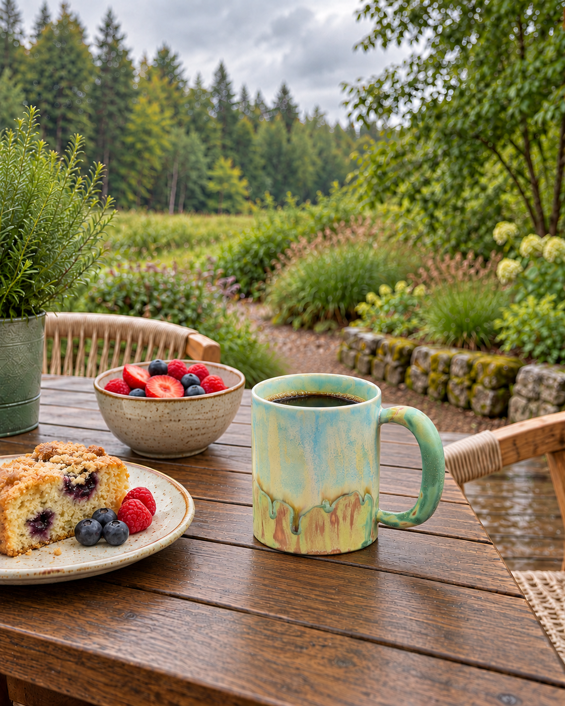 Meadow Drift kiln change mug filled with coffee on a garden table beside berry cake and a bowl of fresh berries.