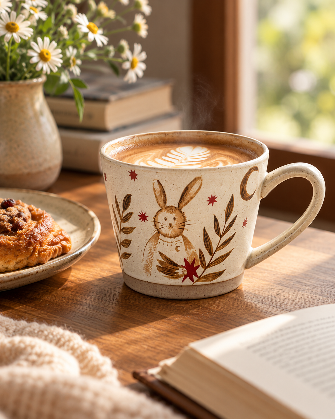 Moonlit Rabbit ceramic mug filled with coffee in a warm morning setting with books and daisies