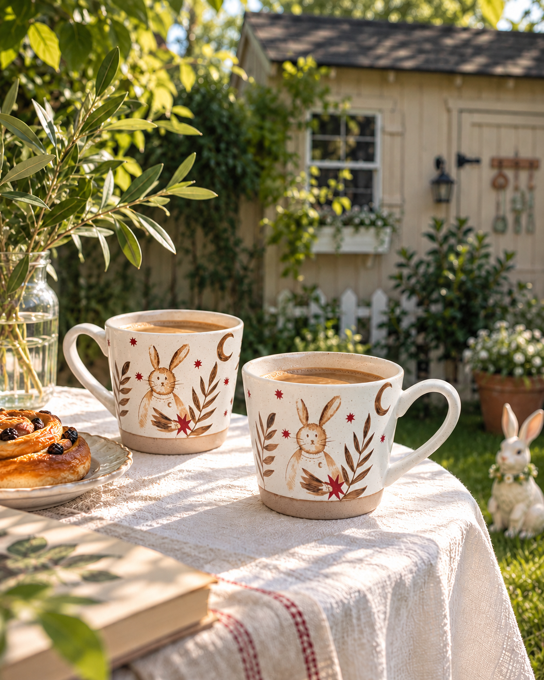 Moonlit Rabbit ceramic mugs filled with coffee in a sunlit garden setting
