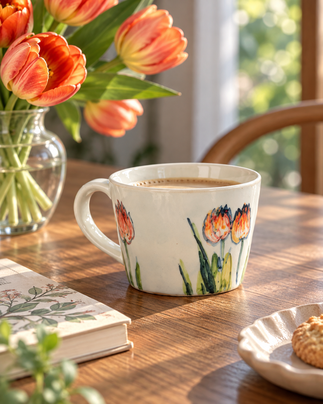 Orange Tulip hand-painted stoneware mug with coffee beside fresh orange tulips in a sunlit indoor setting