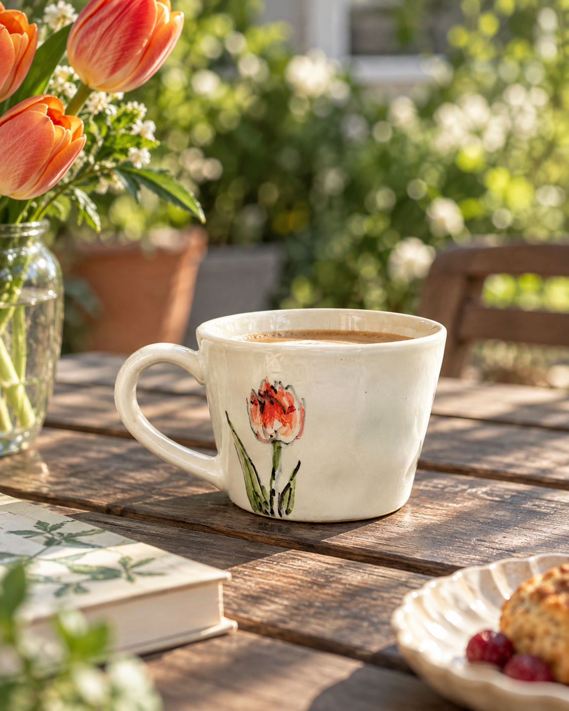 Hand-painted orange tulip ceramic mug with coffee in a sunlit outdoor garden setting