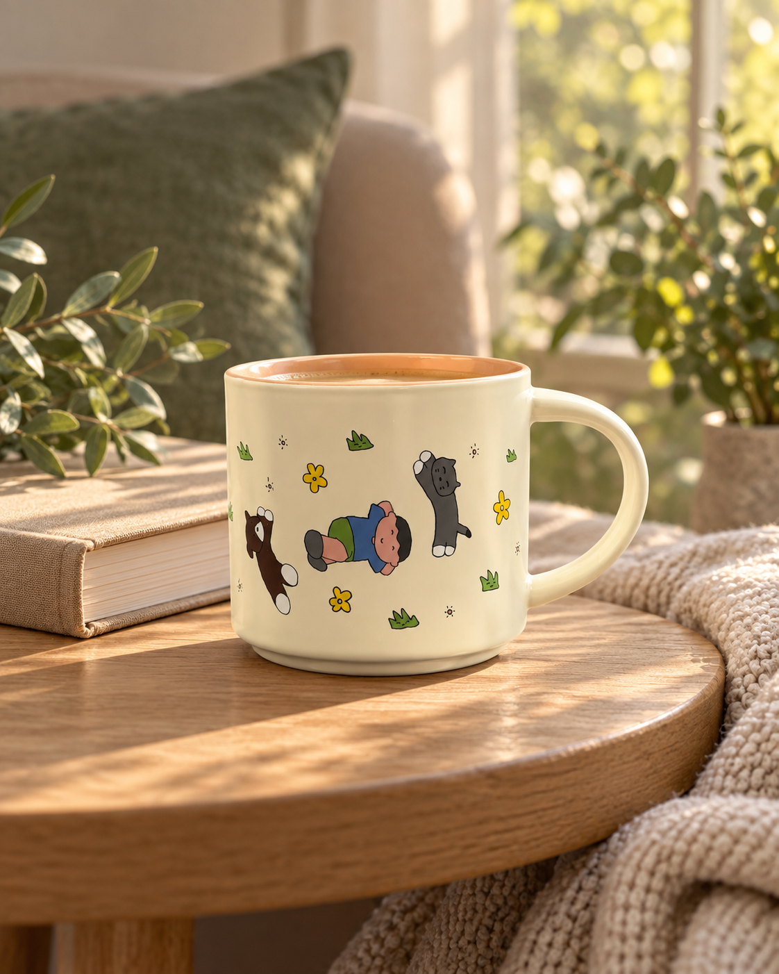 Warm Sand Orchard Companions mug with a child and animal illustration beside a book in a sunlit reading nook.
