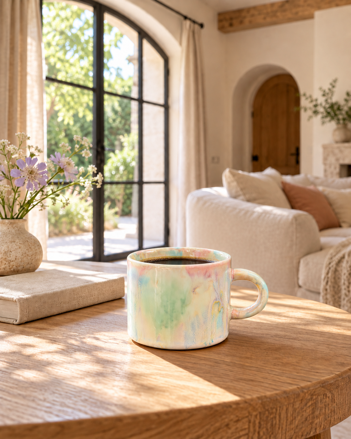 Pastel Meadow reactive glaze mug filled with coffee on a wooden table beside an arched window