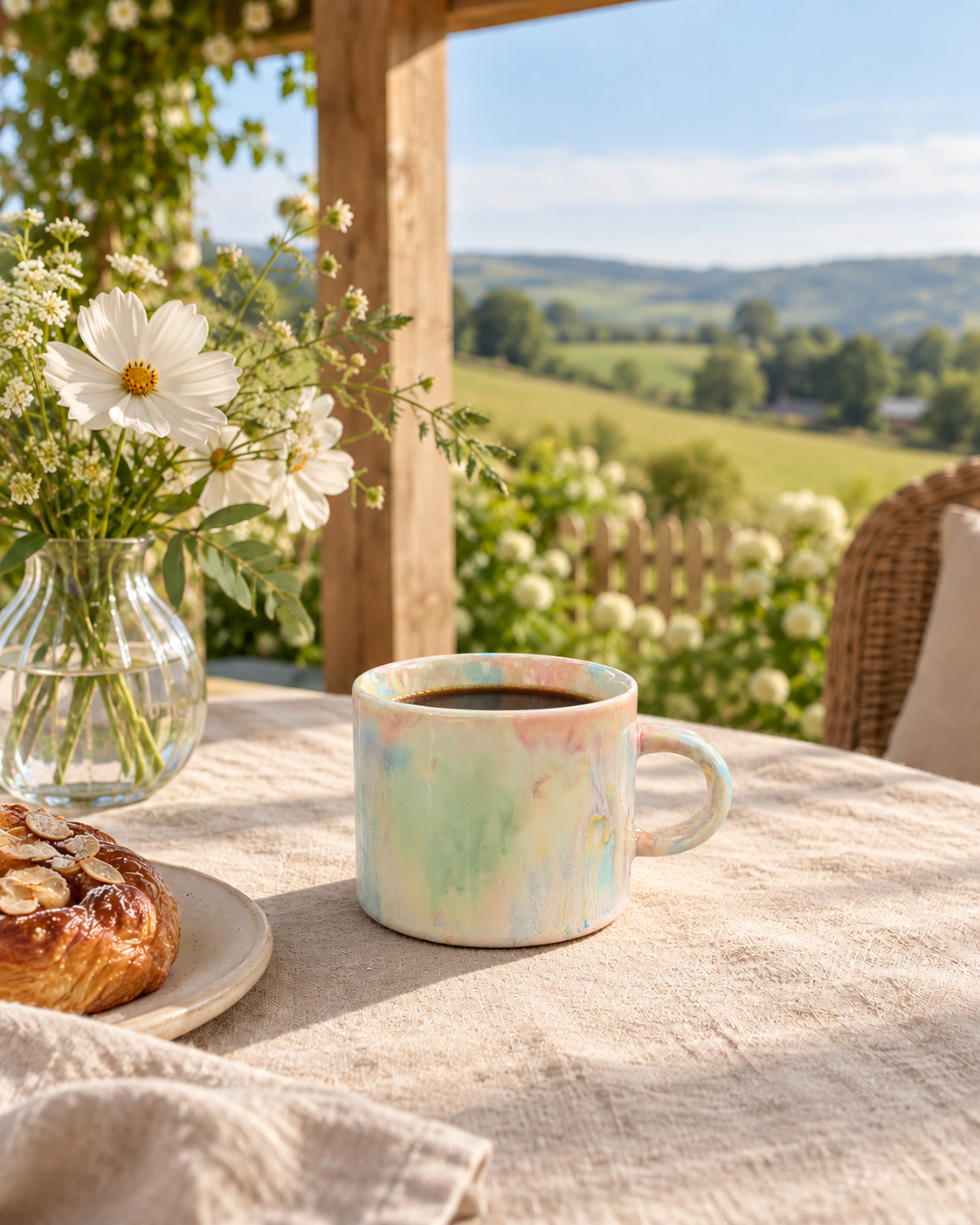 Pastel Meadow ceramic mug with coffee on a linen-covered terrace table beside white flowers and a pastry