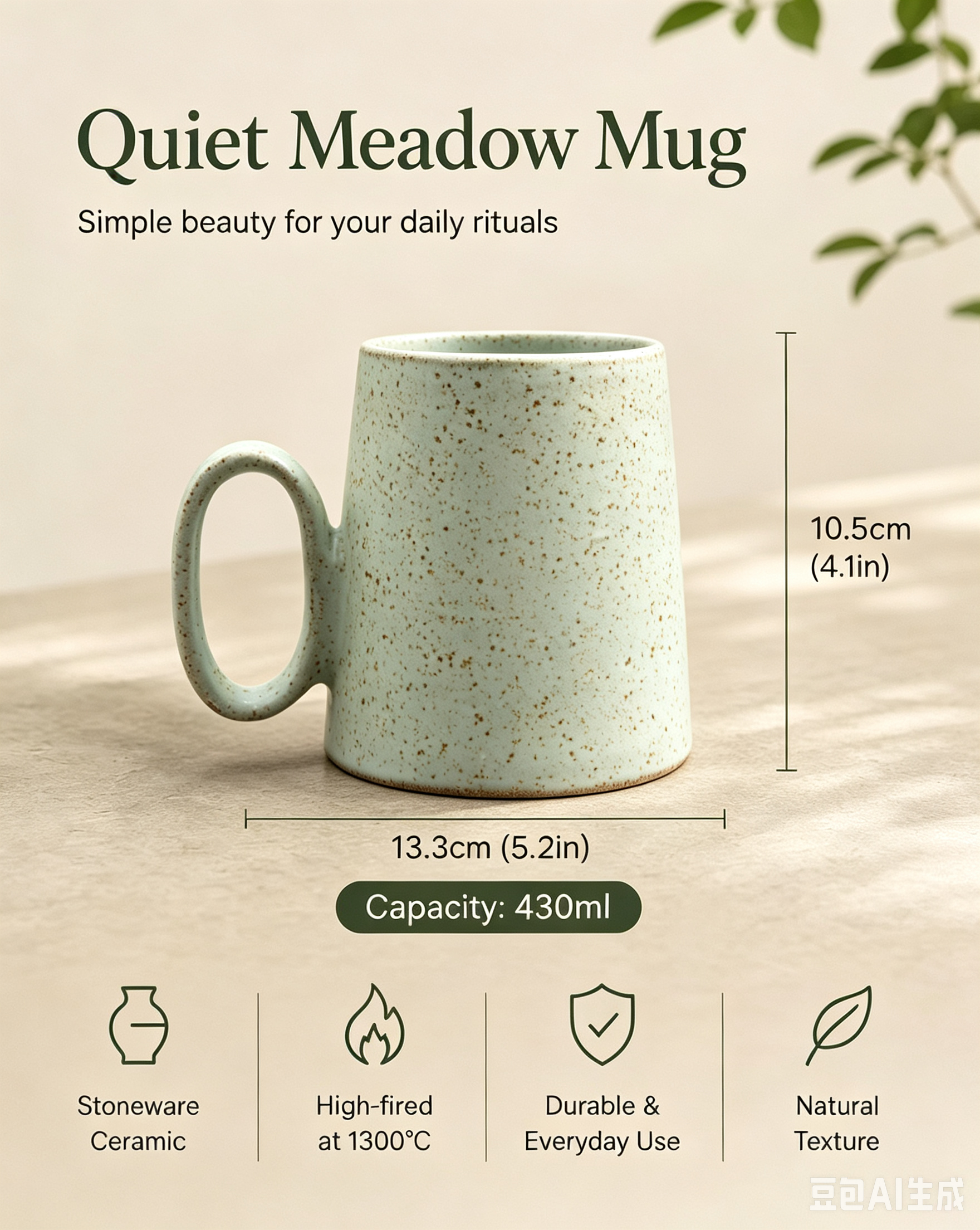 A light sage green speckled ceramic mug with a rounded handle, shown with dimension lines indicating a height of 10.5cm and a base width of 13. 