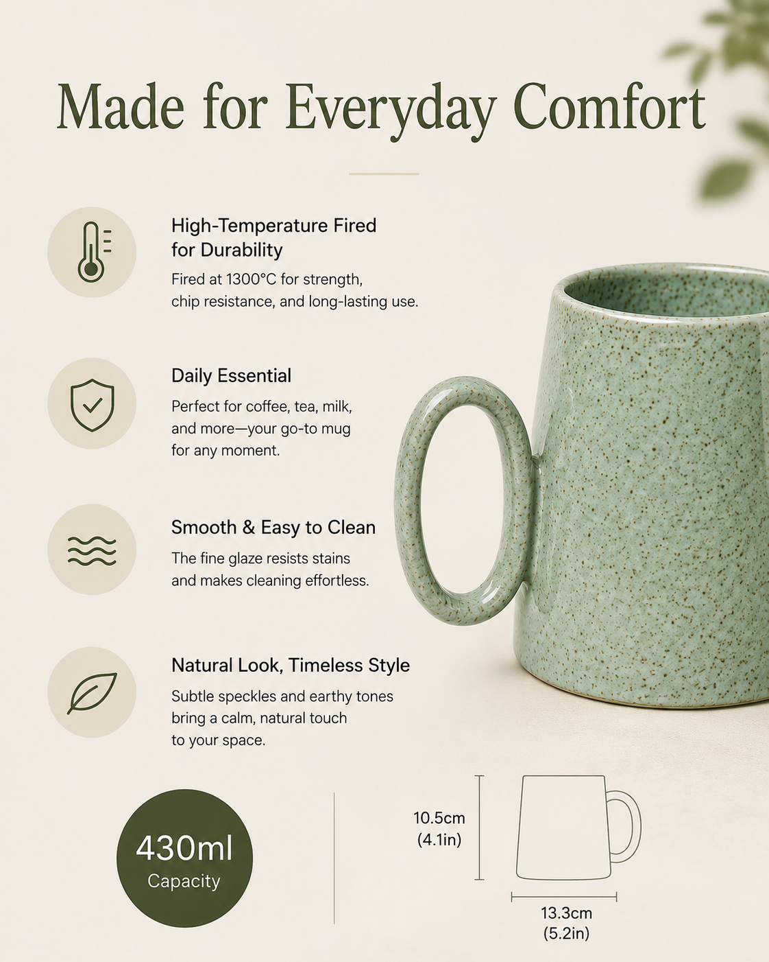 Quiet Meadow Mug product features infographic – 430ml capacity, high-fired stoneware, easy to clean, natural speckled glaze, dimensions 10.5cm × 13.3cm